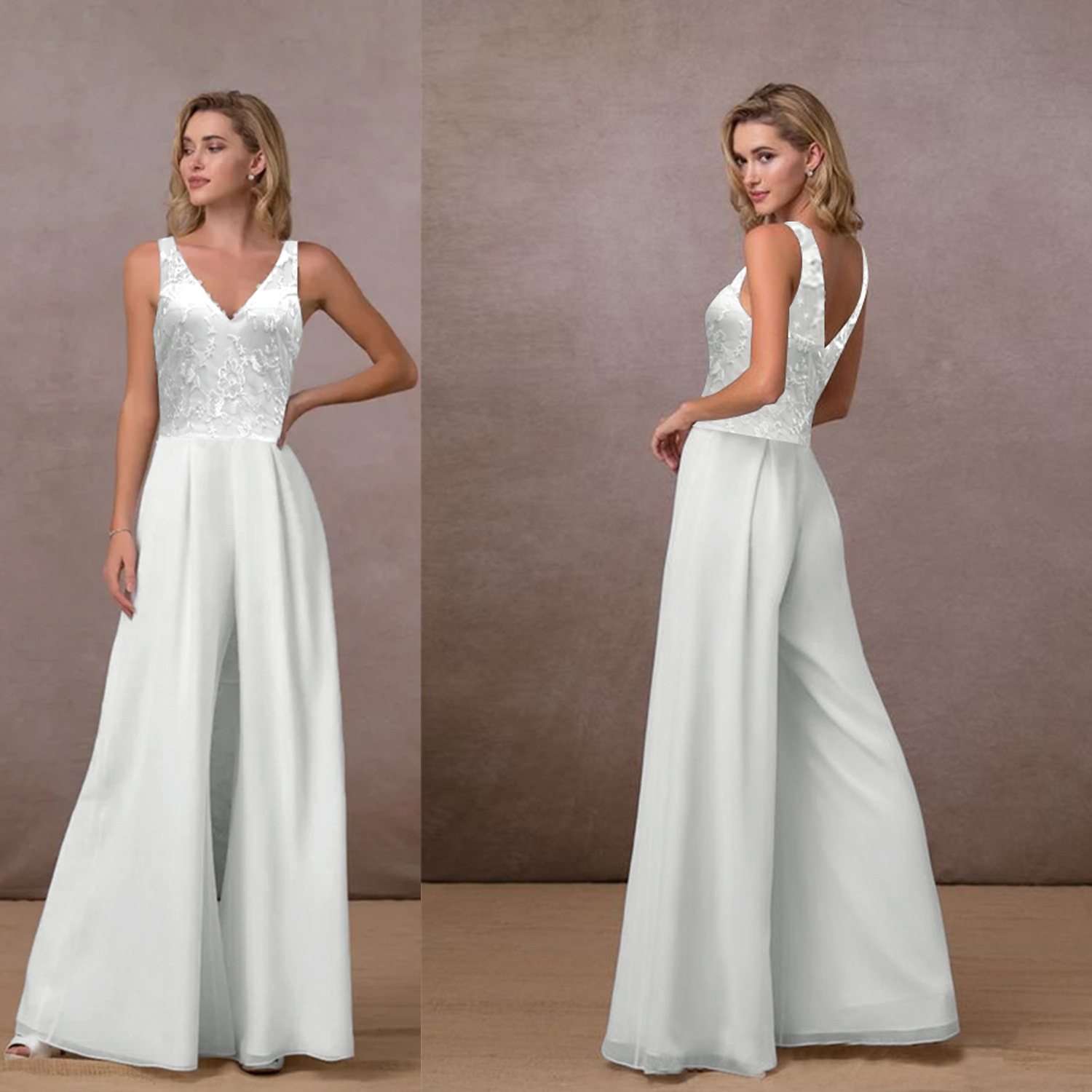 Women’s V-neck Mid-waist Sleeveless Wide-leg Chiffon Pants White