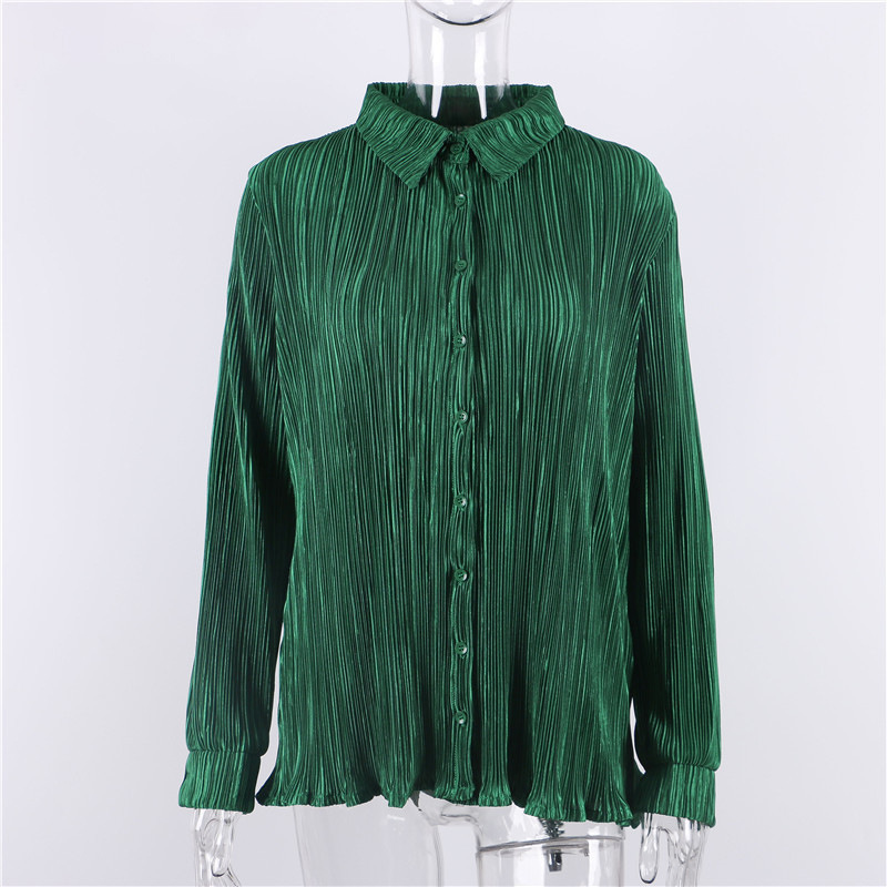Women's Pleated Loose Solid Color Stitching Long-sleeved Shirt