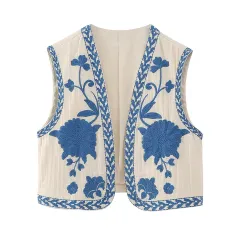 New Women's Embroidered Cardigan Vest - Red - View 1