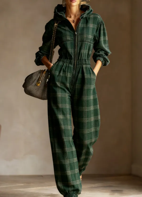 Vintage Plaid Hooded Waist cinched Jumpsuit, Casual Loose Long sleeved Jumpsuit Green - Shop at LoveMi
