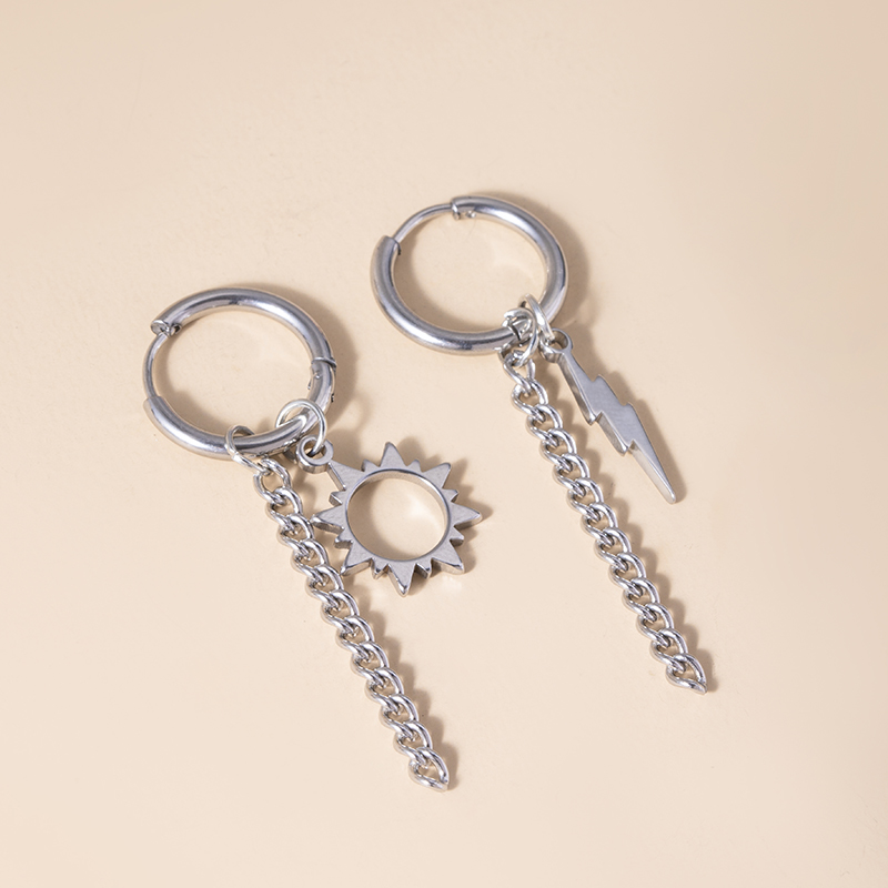Hip Hop Stainless Steel Asymmetric Earrings Fashion Silver Sun Lightning Charm Metal Tassel Earrings For Women Men