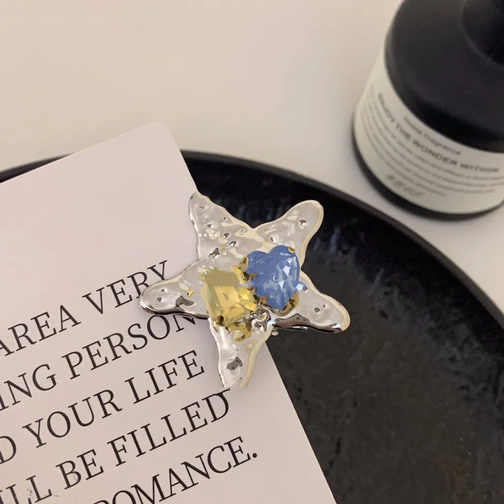 Colorful Rhinestone Five-pointed Star Duckbill Clip Retro - Yellow Blue