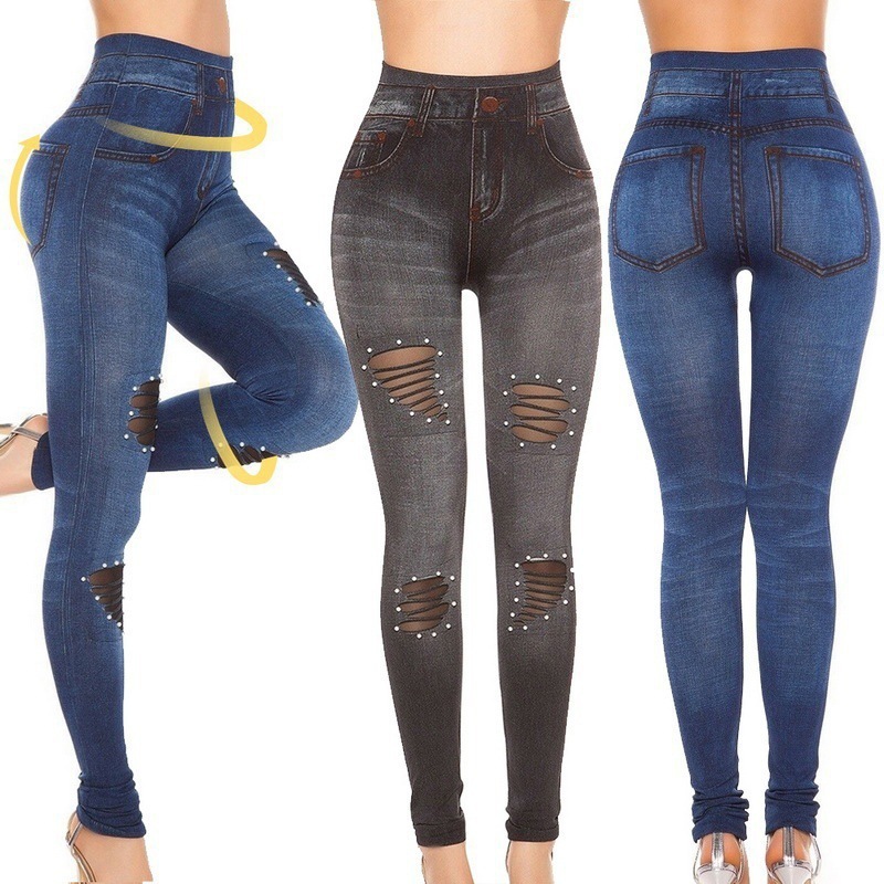 Cutout Mesh Studs Pearl Stretch Denim Leggings Blue - Shop at LoveMi