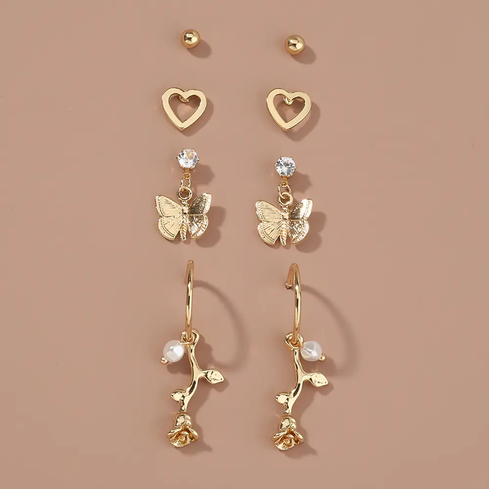 Butterfly rose 4-piece set earrings with studs