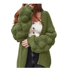 Cute Thick Sweater Long Pompom Cardigan - Army Green - View 1