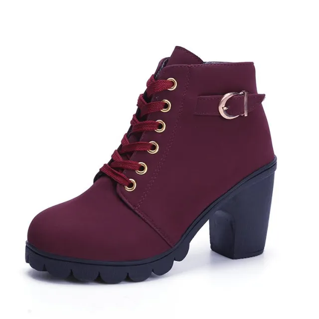 Chunky Block Heel Boots Buckle Ankle Boots Women Shoes Wine - Shop at LoveMi