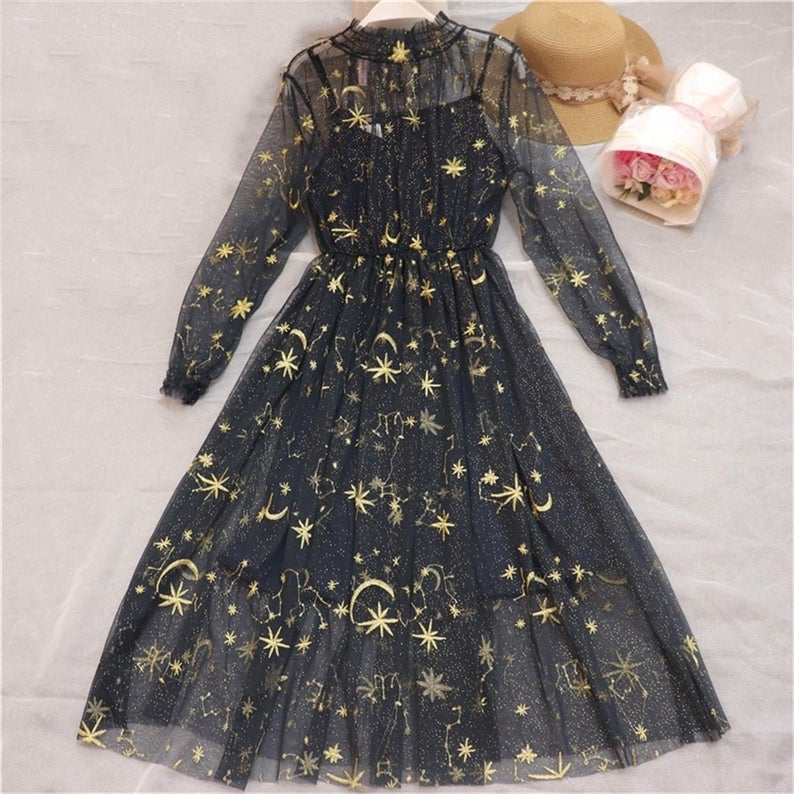 Spring Starry Sky Embroidery Mesh Pleated Long-sleeved Dress Two-piece Spring — image 1