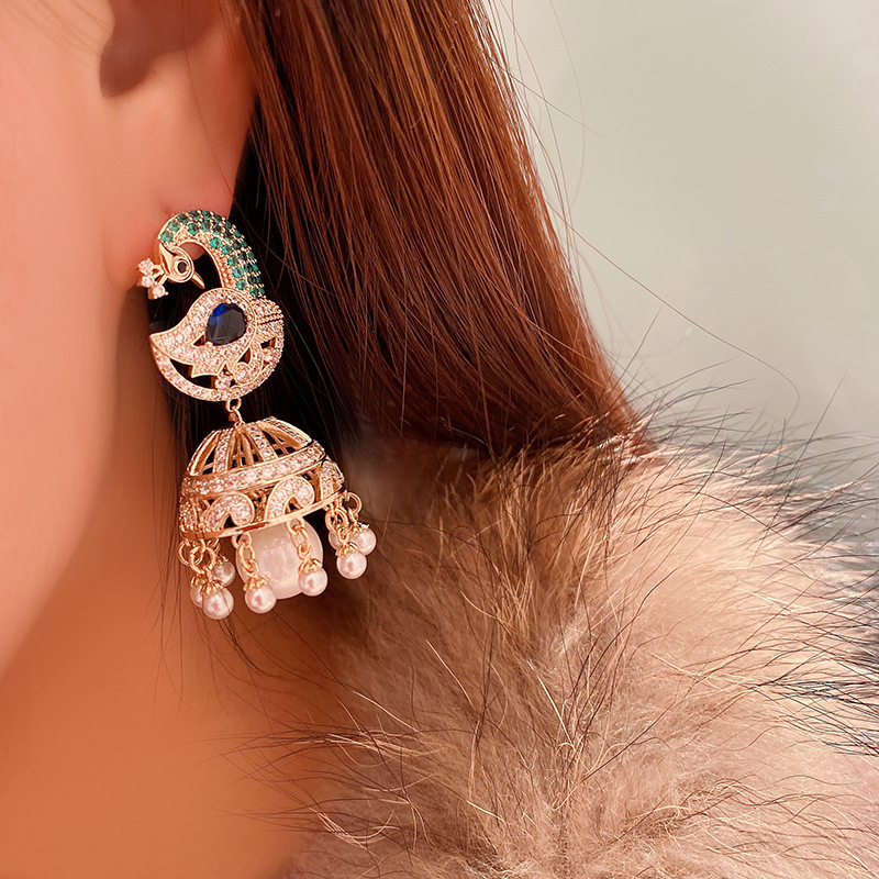 Colorful Peacock Birdcage Pearl Tassel Earrings
