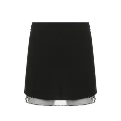 Low Waist Slit Stitching Mesh Gauze Double Elastic Skirt Female - Black - View 1