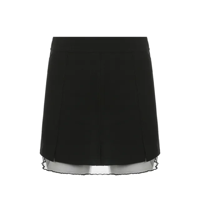 Low Waist Slit Stitching Mesh Gauze Double Elastic Skirt Female Black - Shop at LoveMi