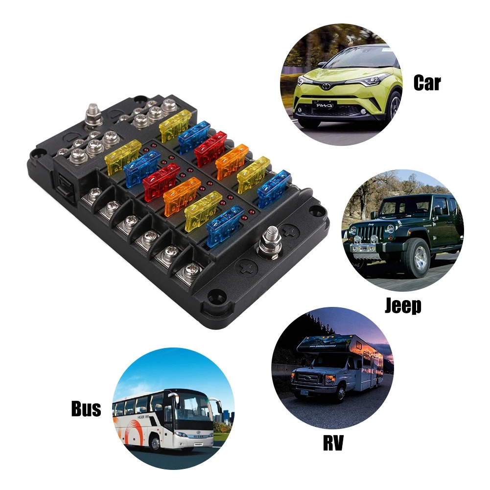 12 Way Blade Fuse 12-24V Car Boat Fuse Box Holder With Plastic Cover For Power Panel Board Camper RV Accessorie 7