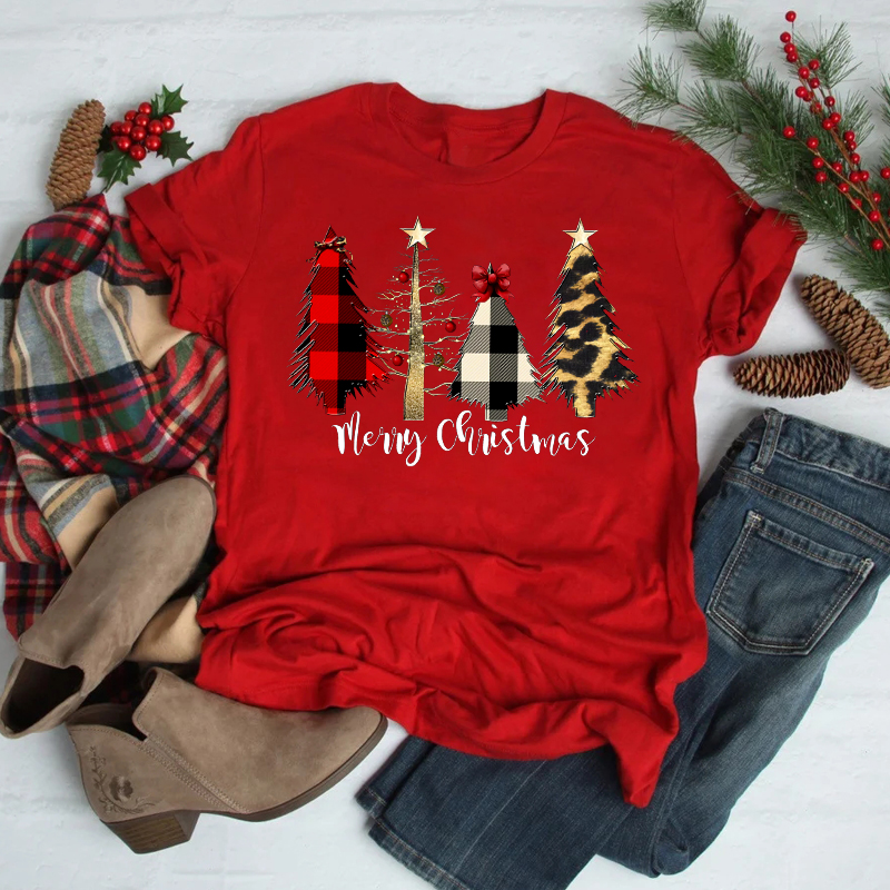Foreign Trade Christmas Tree T-shirt Men And Women Red