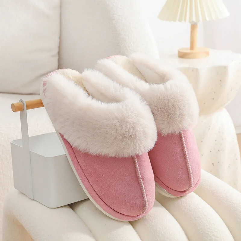 Winter Warm Plush Home Slippers Indoor Fur Slippers Women Soft Lined Cotton Shoes Comfy Non-Slip Bedroom Fuzzy House Shoes Women Couple - Pink
