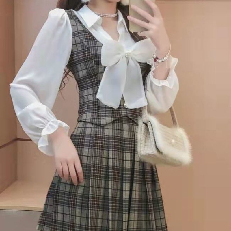 Blouse Panel Plaid Top Pleated Skirt Two Piece Set - Image 3
