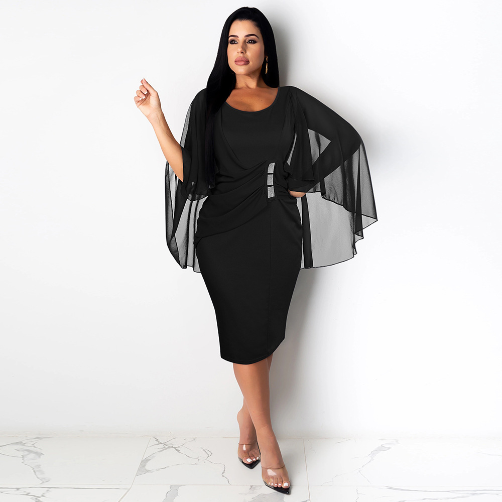 Fashionable Pure Color Mesh High Waist Bag Hip Dress