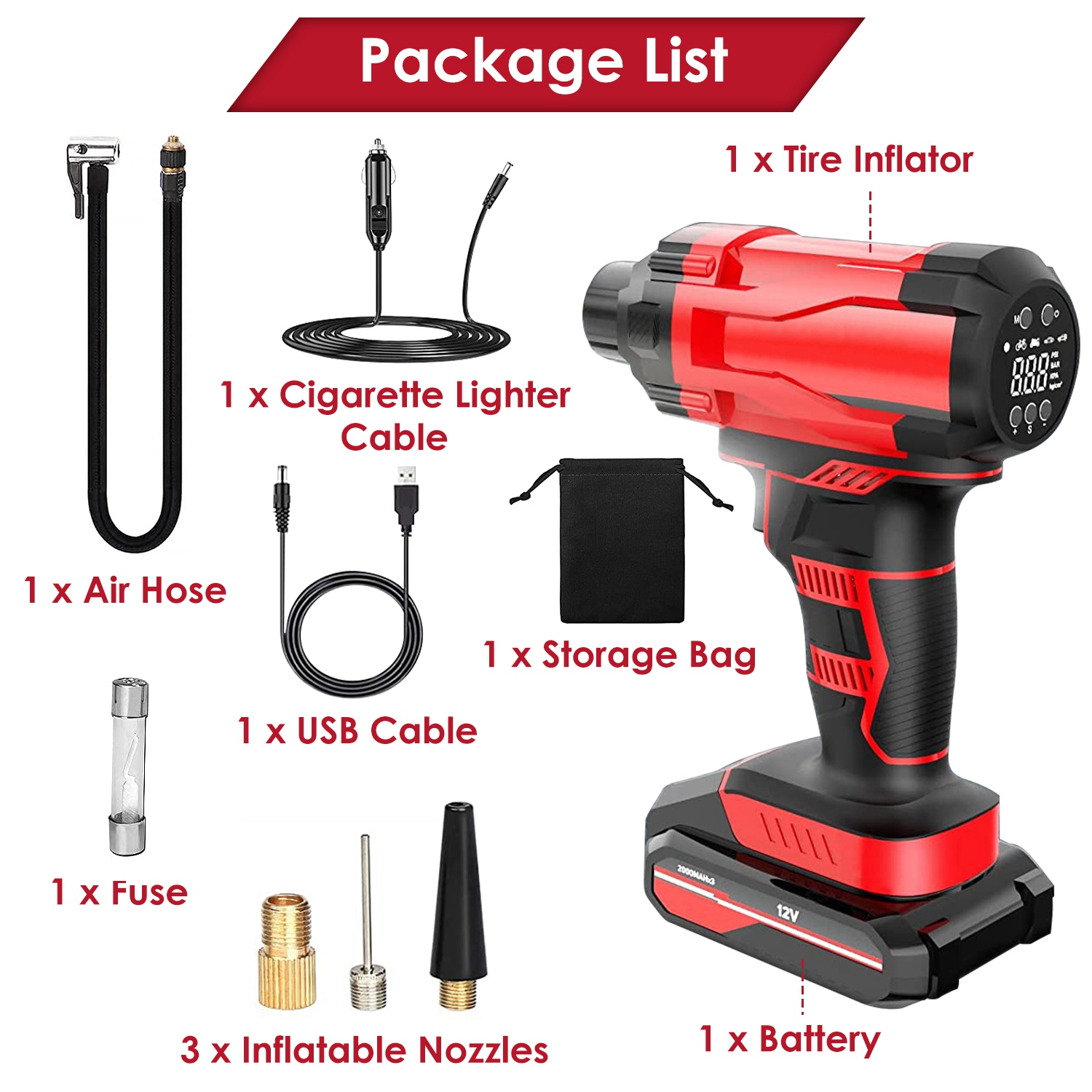 1Pc 150PSI Cordless Car Tire Inflator Rechargeable  2V Portable Electric Air Compressor With LED Light For Car Bike Motorcycle Ball — foto 9