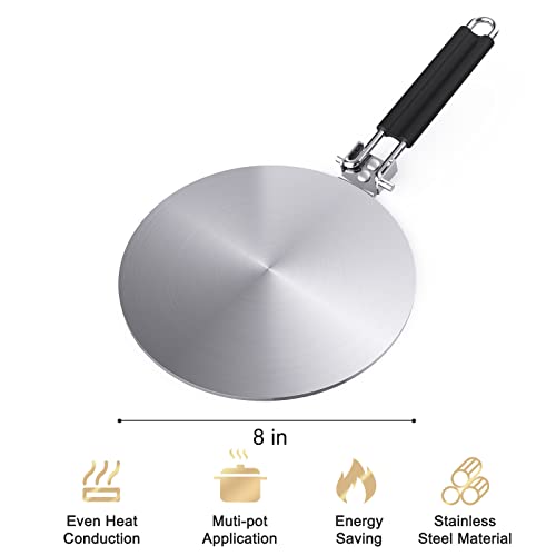 Heat Diffuser Simmer Ring Plate with Stainless Handle, Induction Adapter Plate for Gas Stove Glass Cooktop Converter, Flame Guard for Induction Hob Pans, 7.5 inch, 8 inch, and 9.25 inch Stainless Steel.