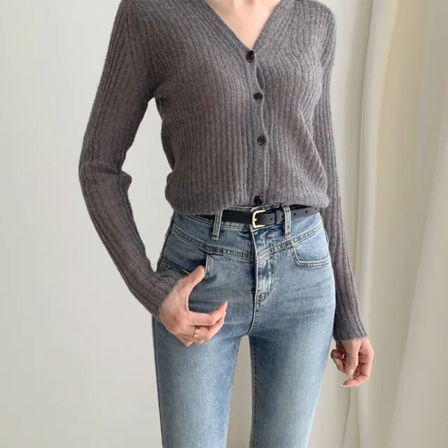 Solid Color Knitted Short Jacket Feminine Small V Neck Grey - Shop at LoveMi