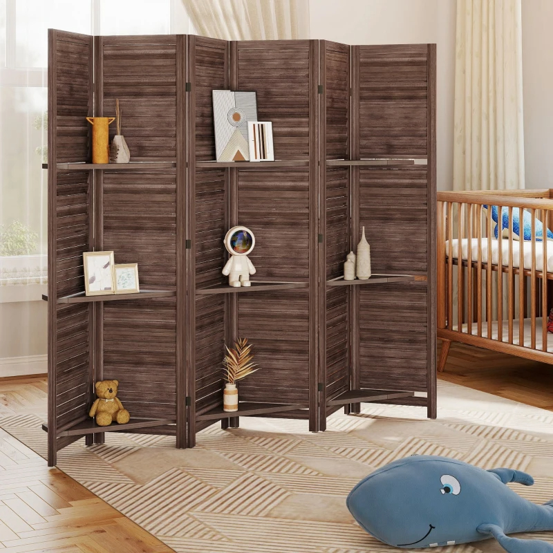 6 Panel Tall Wood Privacy Screen Room Divider With 3 Shelves And Folding Storage For Bedroom, Walnut