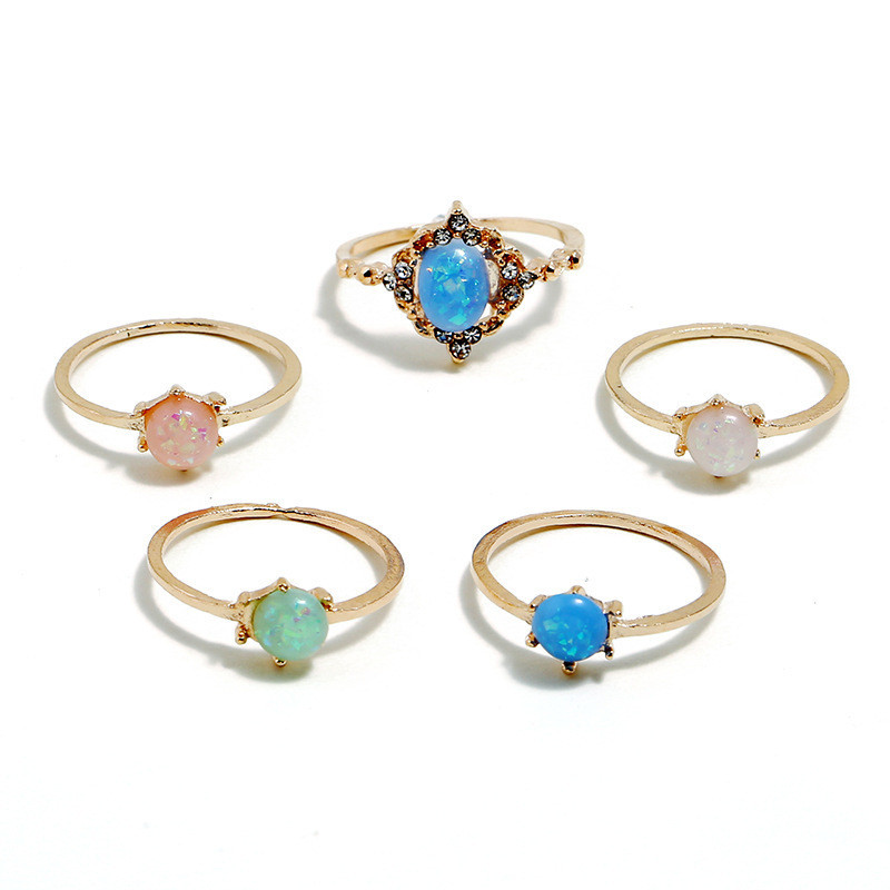 European And American Fashion Candy Color Tail Ring Imitation Opal Joint Ring 5-piece Ring