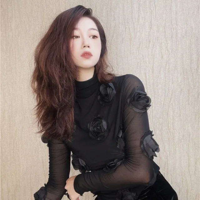 3D Design Flower Half High Collar Long Sleeve Shirt Black - Shop at LoveMi