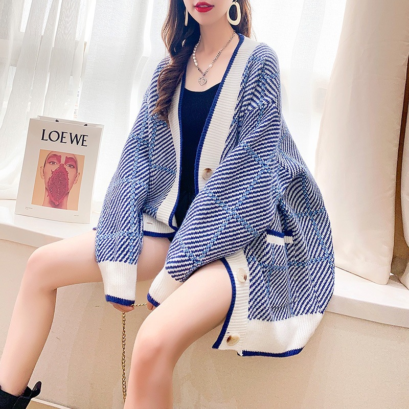 Contrast Check Pattern Knitted Cardigan Women's Sweater Coat