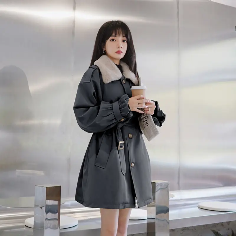 Waist Slimming Plus Velvet Thickening Women's Winter Khaki Cotton Coat