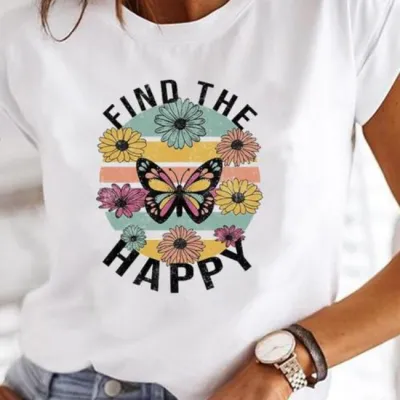 European And American Digital Printing Casual Round Neck Short Sleeves White - Shop at LoveMi