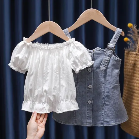 Children's Summer Denim Strap Skirt Baby Fashion Short Sleeve