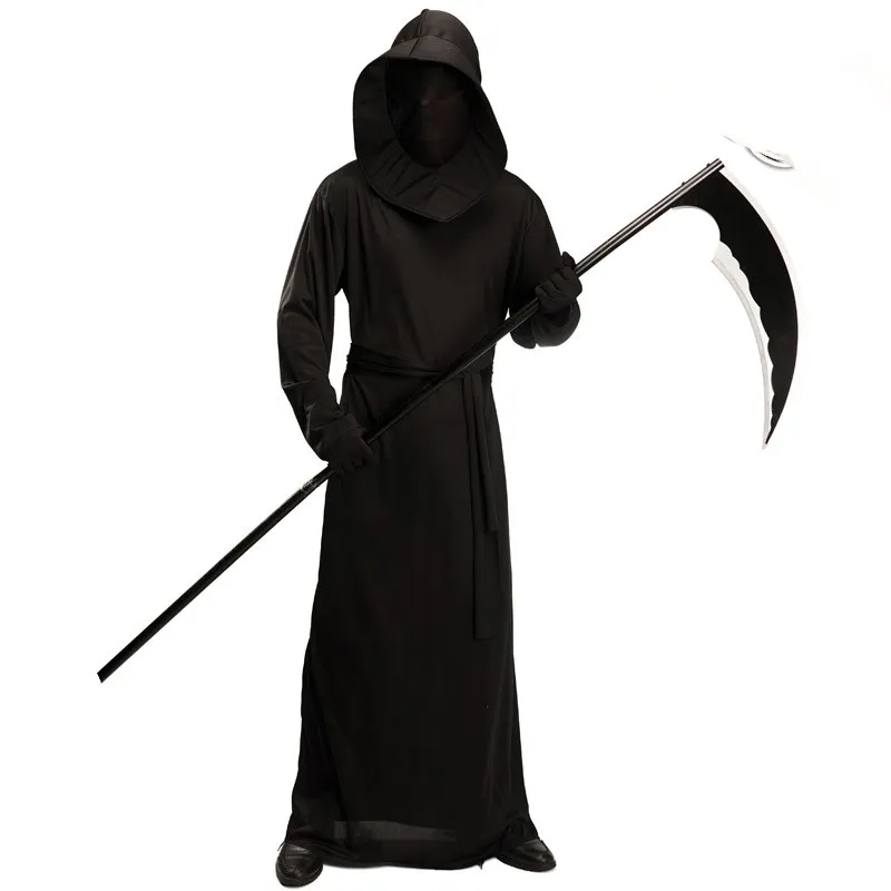 Grim Reaper Costume with Robe, Hood and Gloves for Men - Black