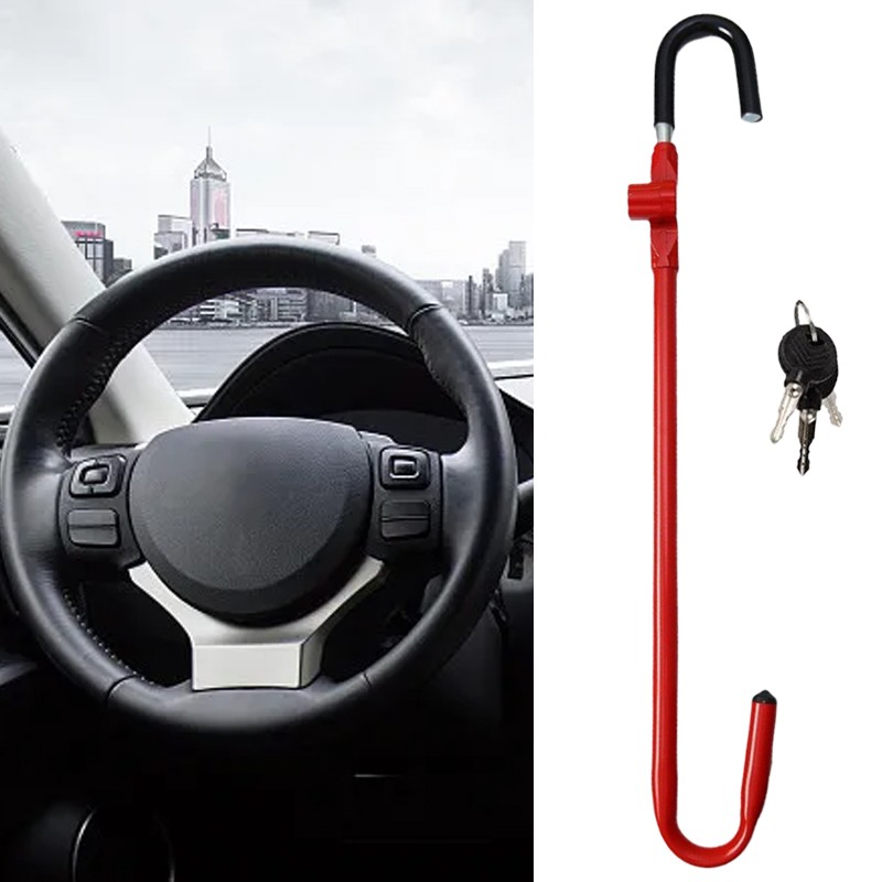 Car Steering Wheel To Pedal Lock Anti-theft Device Twin Hook With 2 Keys Red