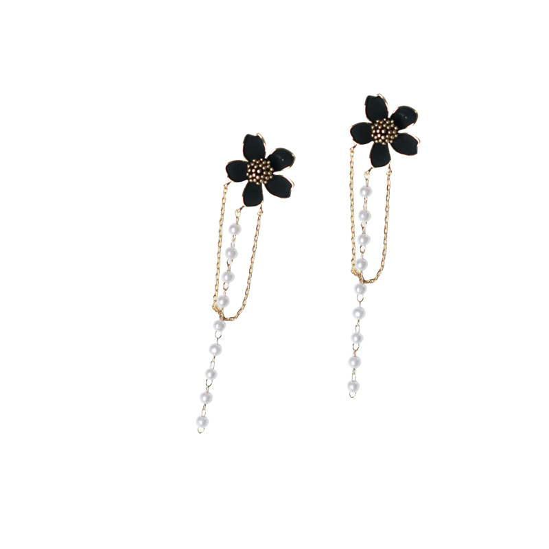 Black Camellia Tassel 925 Silver Needle Earrings
