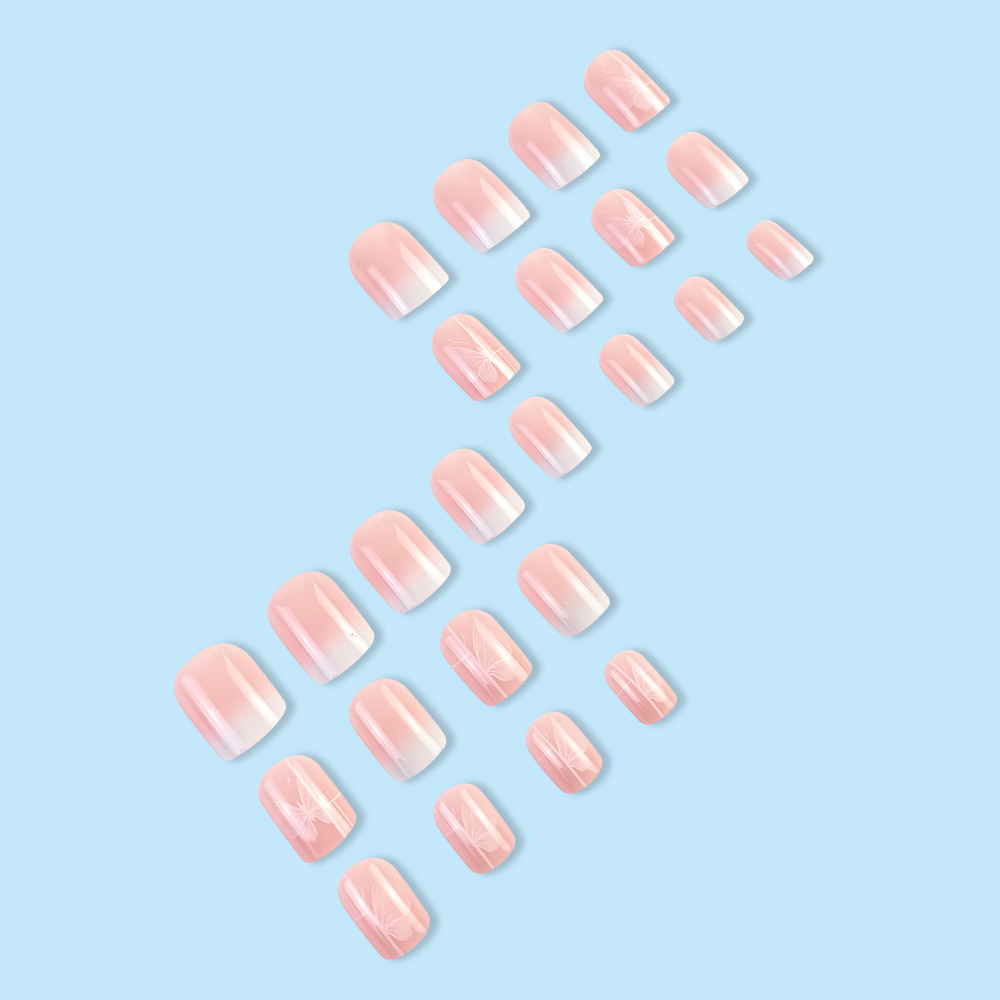 24-piece Short Square Pink Jelly Nail Polish With Gradient Butterfly Design Nail Set.Suitable For Women And Girls.Long Press On The Nail.