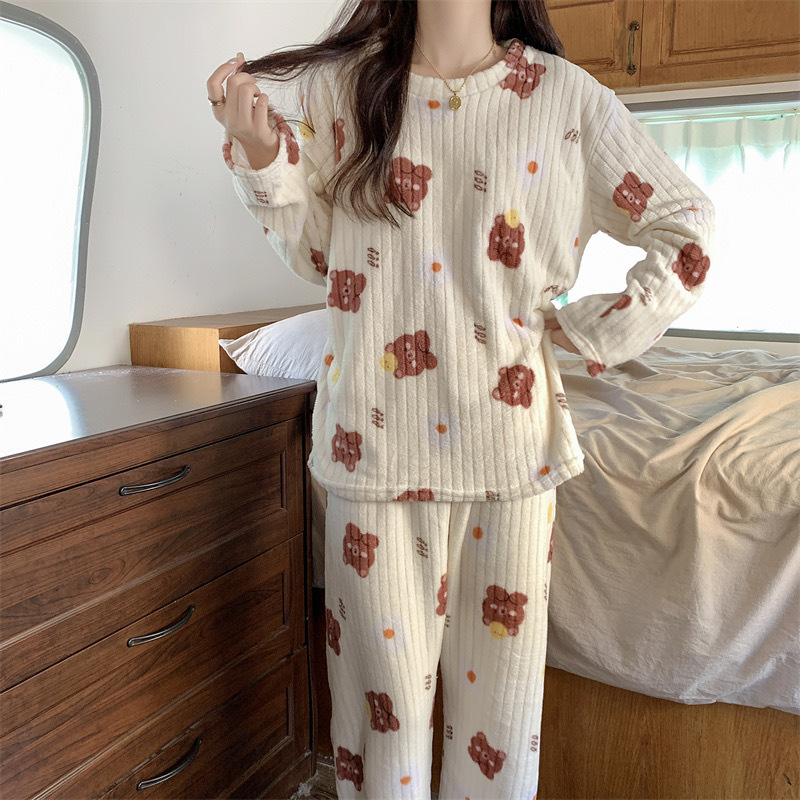 Women's Pajamas Autumn Winter Warm Pyjamas Sets Thick Coral Long Sleeve Cute  Cartoon Bear Sleepwear Home Nightclothes - CJdropshipping