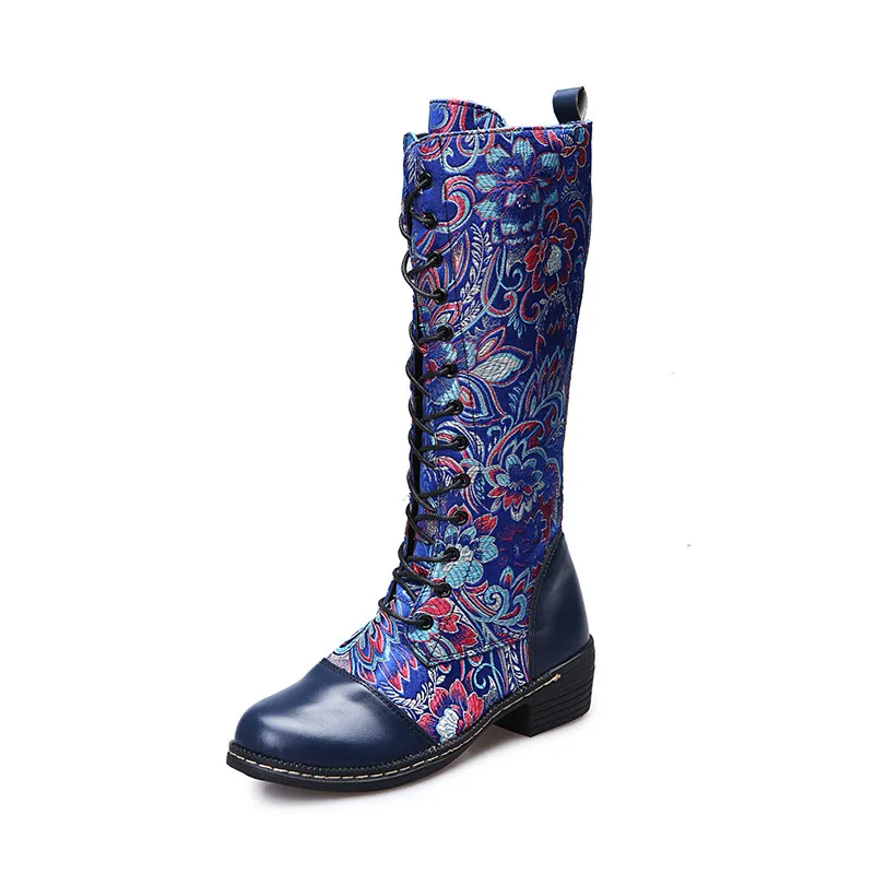 Flowers Print Long Boots WInter Retro Ethnic Style Shoes Lace-up Heeled Boots Women - Blue