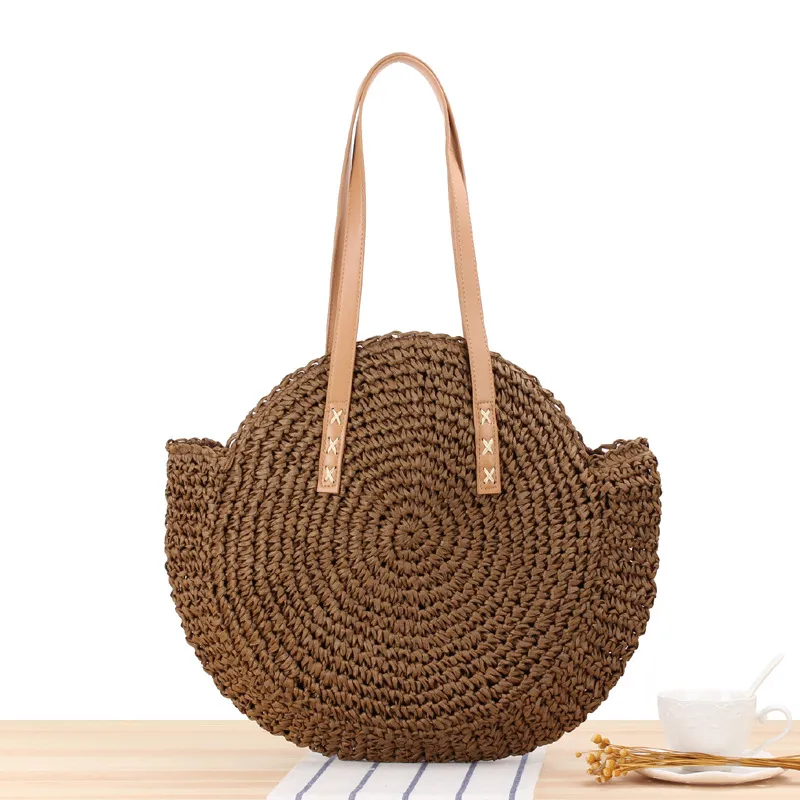 Simple Round Shoulder Bag Straw Handbag Summer Beach Bags - Brown