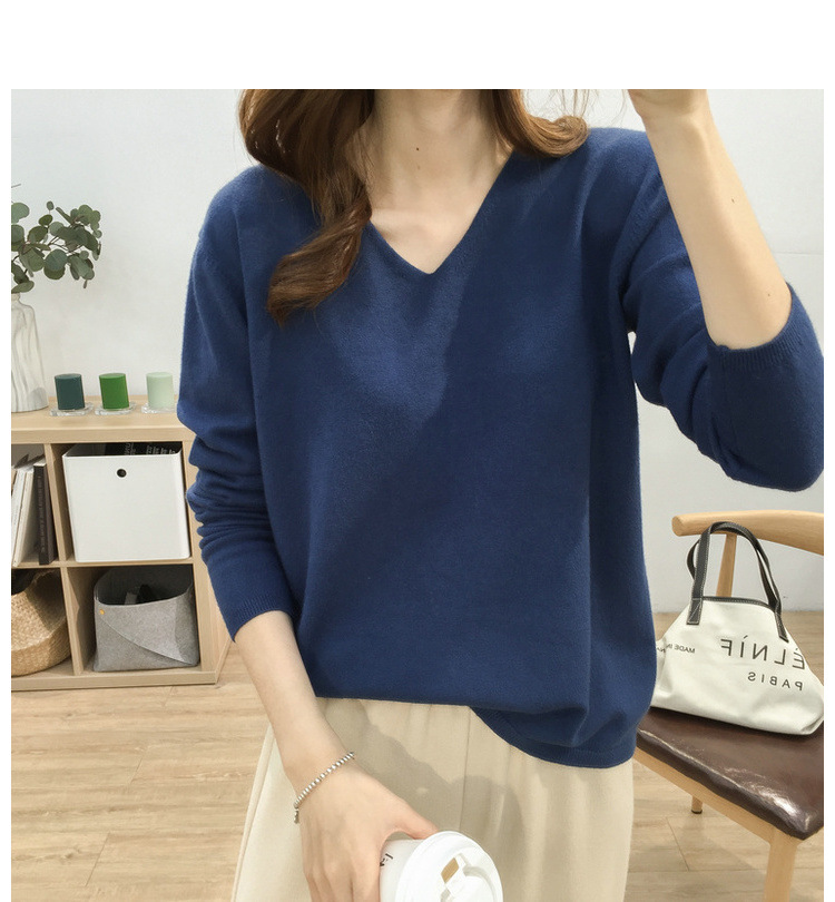 Title 5, Loose Slimming V-neck Solid Color Long-sleeved ...