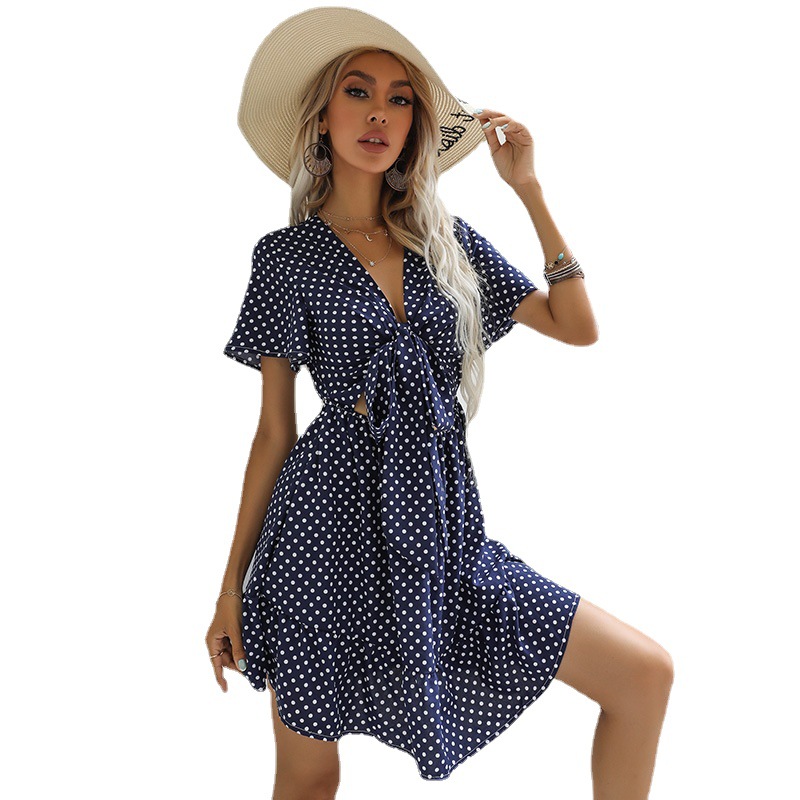 V-neck Tie Bow Short-sleeved Sexy Dress