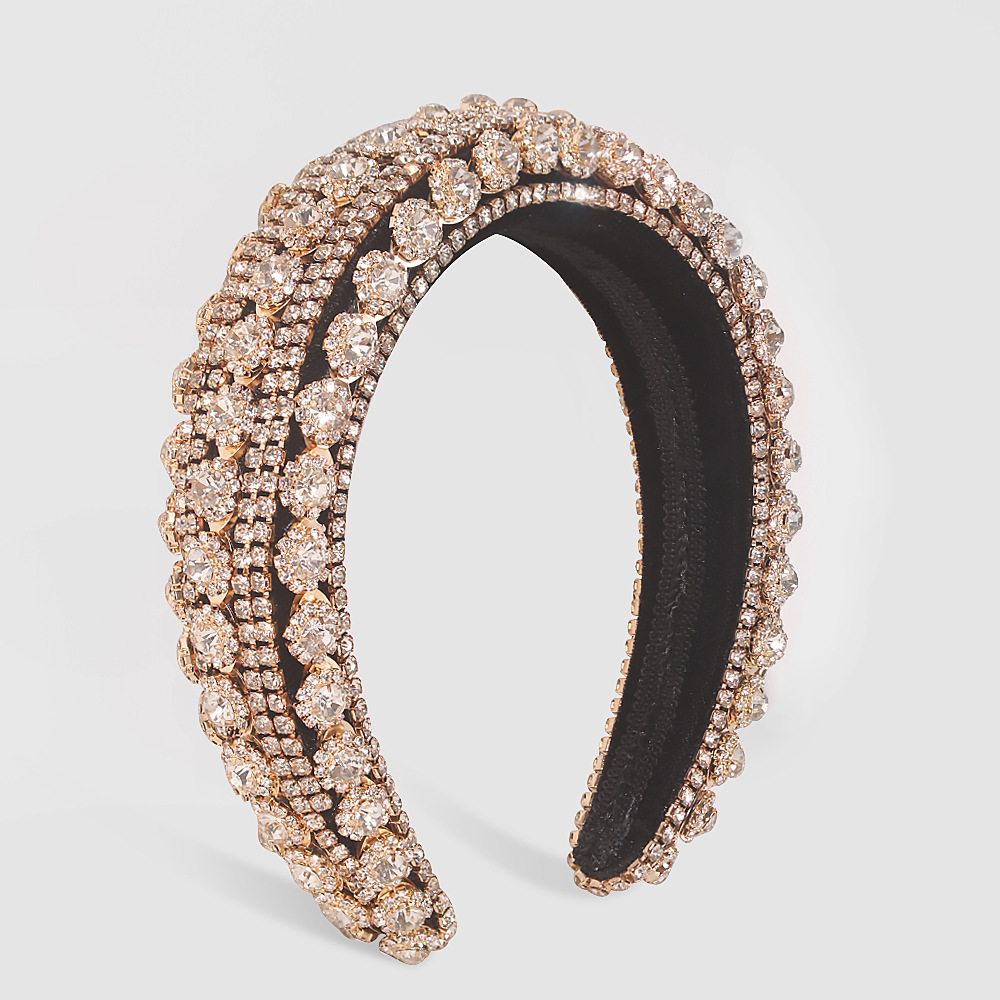 Rhinestone Full Diamond Temperament Headband Fashion Wide brim Baroque Crystal Hair Accessory Gold - Shop at LoveMi