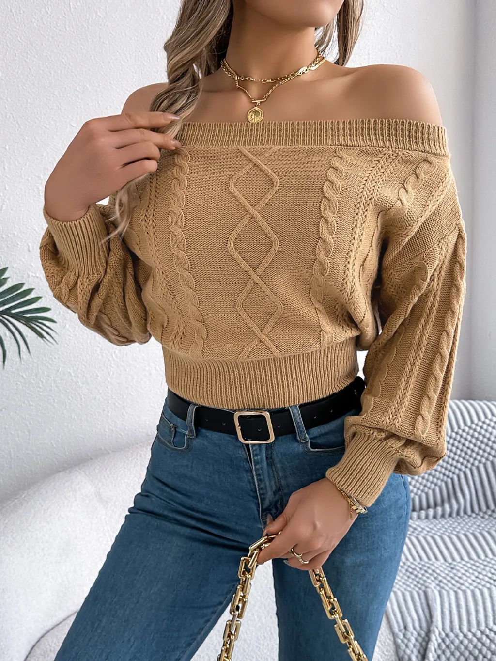 Women Casual Solid Color Off-Shoulder V-Neck Long Sleeve Pullover Sweater - Khaki