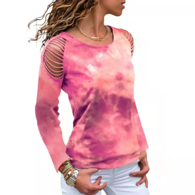 Tie Dye Ripped Floral Off The Shoulder Long Sleeve Tshirt Wine Red - Shop at LoveMi