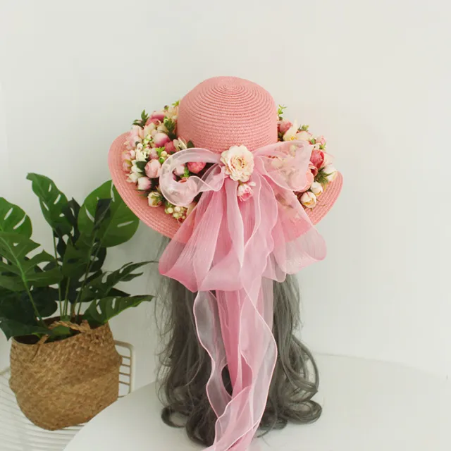 Ladies Handmade Flower Big Brim Straw Hat Mm226 Pink Flower Big Brim Ha - Shop at LoveMi
