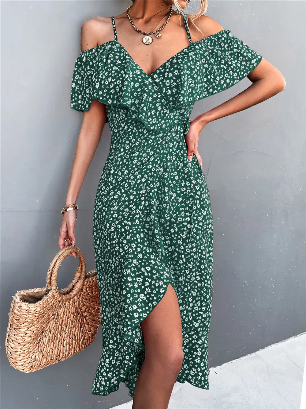 One-shoulder Floral Suspender Dress Irregular Long Skirt