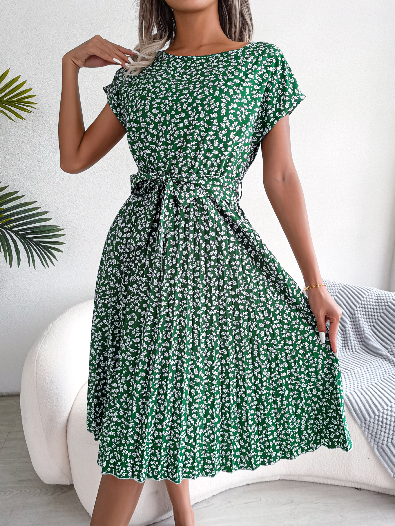 Women   Casual Short Sleeve Floral Print Flowy Pleated Skirt