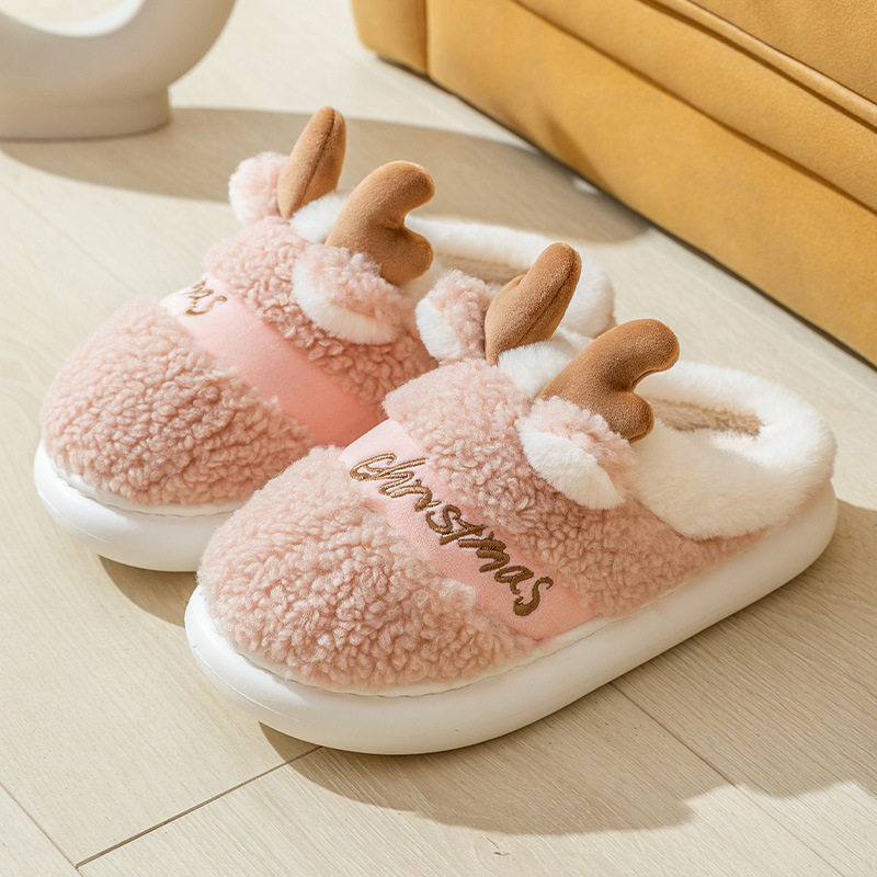 Christmas Shoes Winter Home Slippers Elk Soft Cozy Bedroom Slipper Slip On House Shoes Pink - Shop at LoveMi
