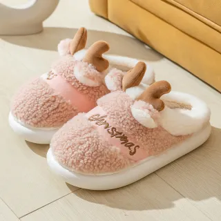 Christmas Shoes Winter Home Slippers Elk Soft Cozy Bedroom Slipper Slip On House Shoes - Pink