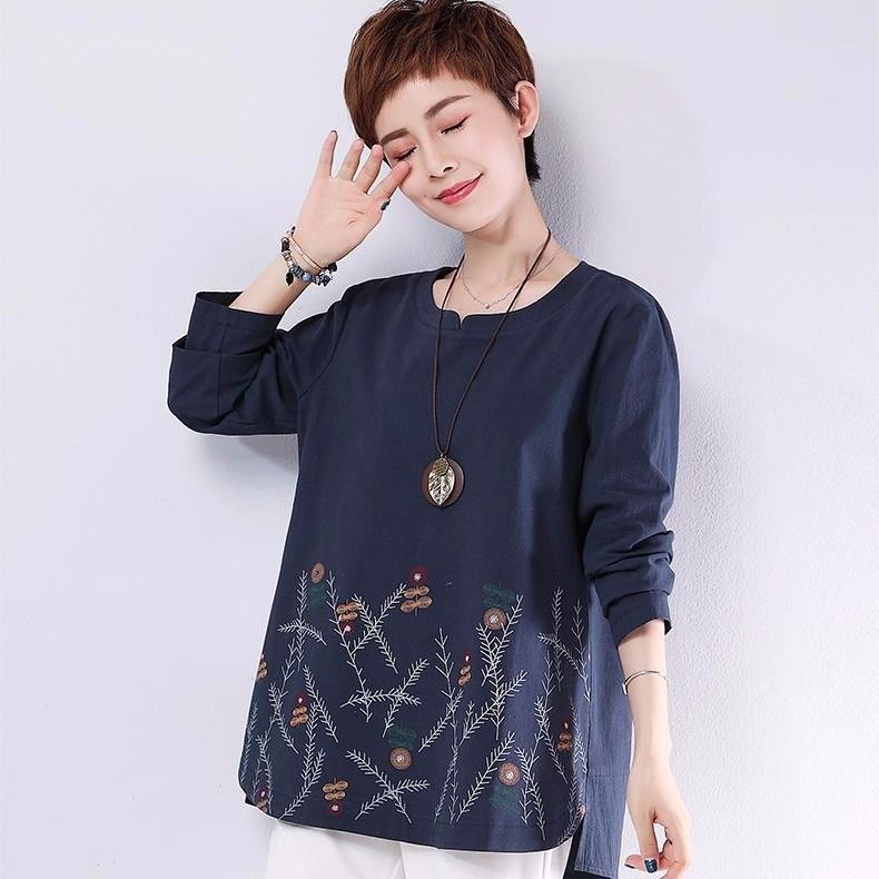 Title 5, Printed Loose Plus Size Cotton Long-sleeved T-s...