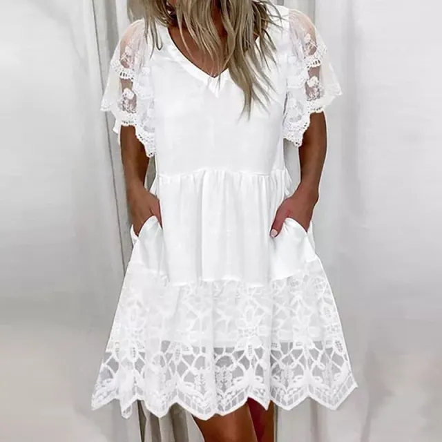 Cotton V neck Lace Short Sleeve Dress White - Shop at LoveMi