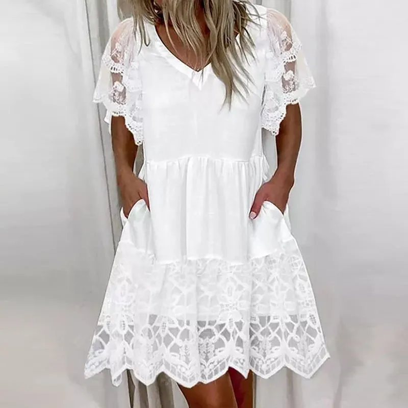 Cotton V-neck Lace Short Sleeve Dress - White