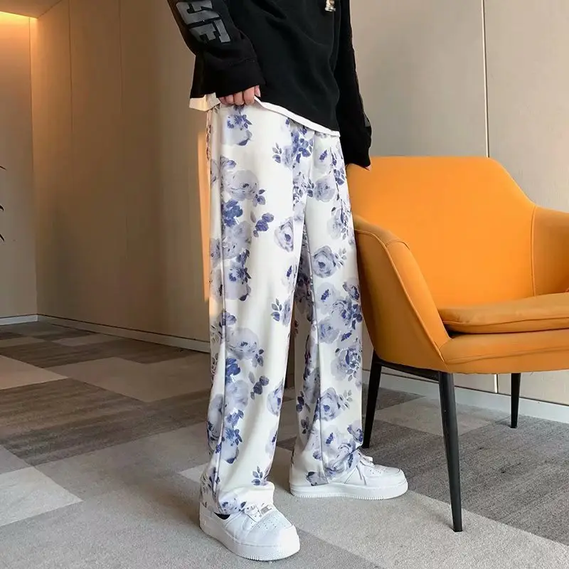 Tie-dyed Floral Wide-leg Pants Women Loose and Casual Mopping